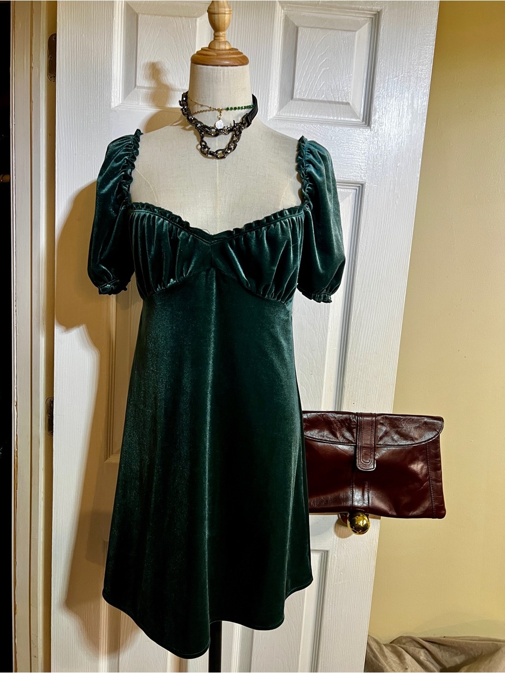 Urban Outfitters Wms Emerald Green Velvet Coquette Babydoll Mini Dress M
